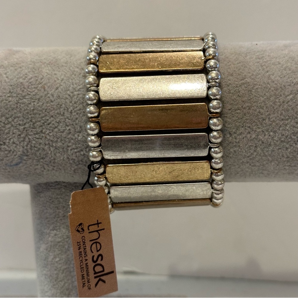 NWT The Sak Bracelet- antiqued silver & gold tone, stretch, wide - Picture 5 of 11